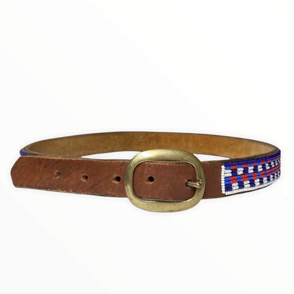 Leather Multicolor Geometric Indian Beading Brass Buckle Boho Adjustable Belt S main image 10